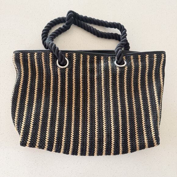 Talbots STRIPED BEACH TOTE BAG Black Tan - Picture 1 of 4